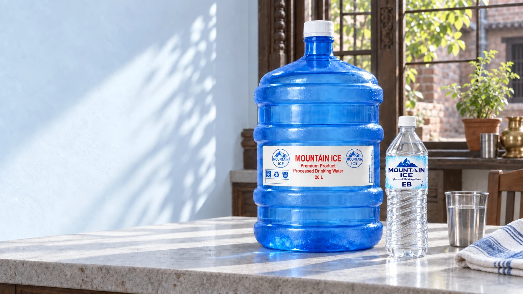 Mountain Ice 20 L jar and 1 L bottle on a stone counter beside a carved wooden window in a Kathmandu home