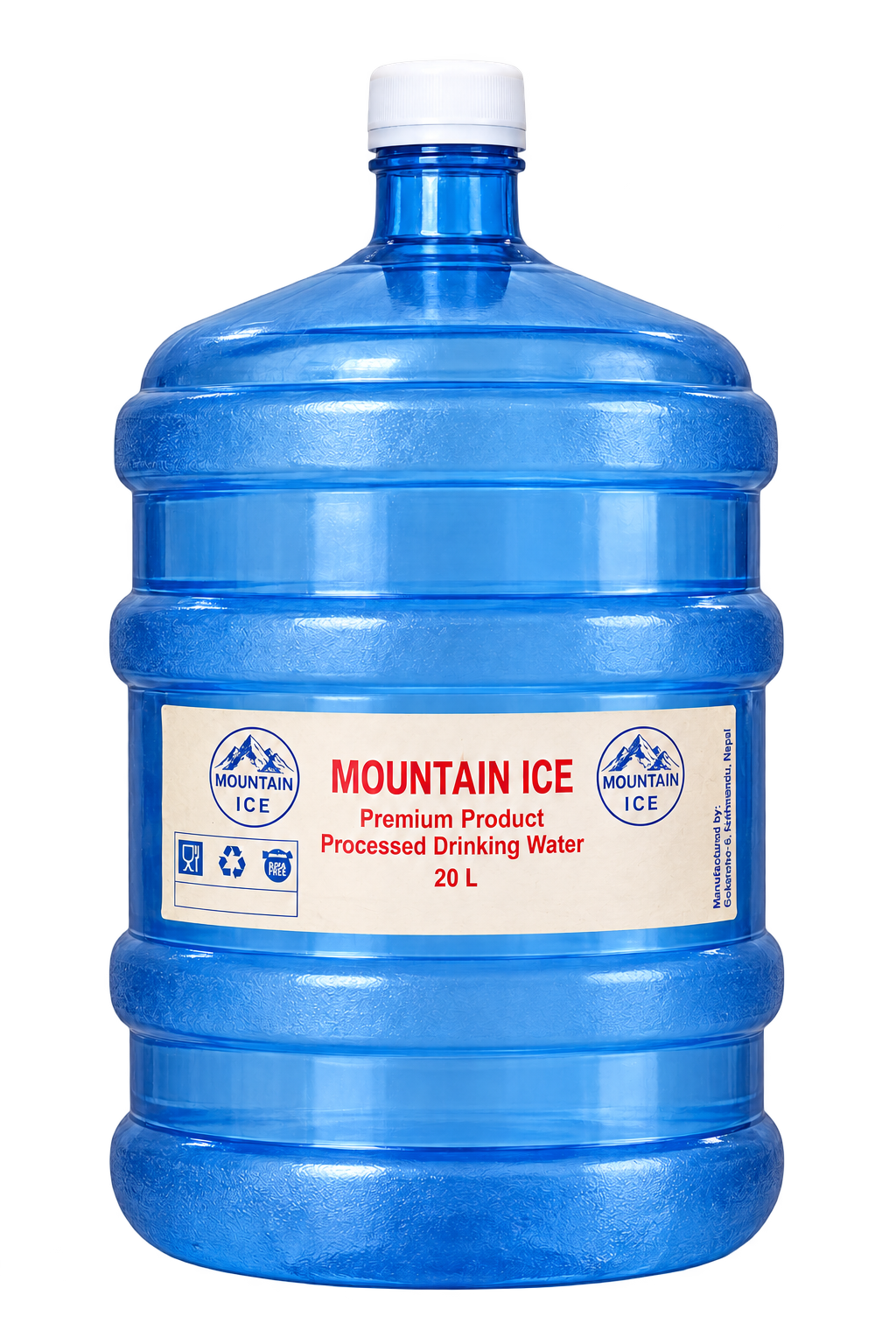 Mountain Ice 20 litre blue returnable jar with the approved cream and red label.