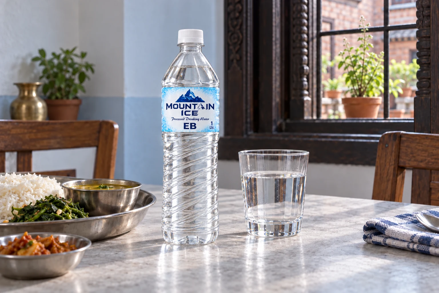 Mountain Ice bottled water at a welcoming dining table